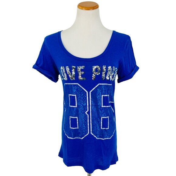 Y2K Victoria’s Secret PINK “Love Pink 86” Blue Silver Sequin & Metallic T-shirt - Picture 1 of 13
